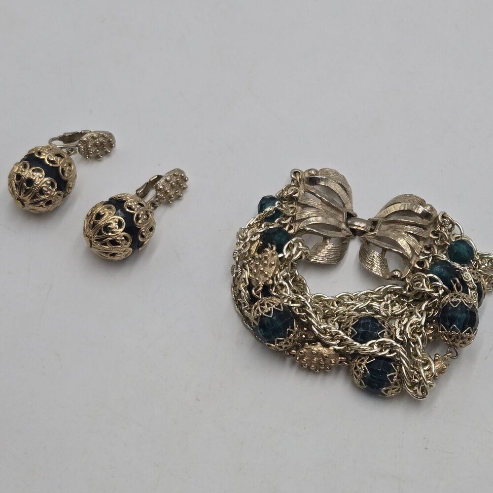 Vintage ART Arthur Pepper Demi-Parure Bracelet & Earrings Green And Gold Tone